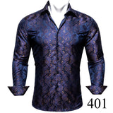 Designer Blue Silk Paisley Shirts Men's Lapel Woven Long Sleeve Embroidered Four Seasons Exquisite Fit Party Wedding MartLion   