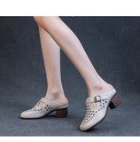 Summer Outdoor Wear Slippers Hollow Round Toe Genuine Leather Elegant Sandals Women MartLion   