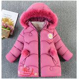 2-8 Years Warm Winter Girls Jacket Fur Collar Removable Hat Plush Lining Heavy Hooded Kids Coat Children Outerwear Send Gloves MartLion JK522-Rose 3T(Size 100) 