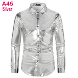 Silver Metallic Sequins Glitter Shirt Men's Disco Party Halloween Chemise Homme Stage Performance Shirt MartLion A45 Silver US Size S 