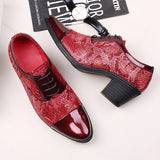 Blue Red Black Plaid Men High Heel Shoes Pointed Leather Dress Lace-up Wedding Men's Zapatos Hombre Vestir MartLion   