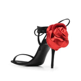 Women's Round Toe Slender High Heel Silk Rose Heel Strap Large Slotted Sandals Occidental Show Banquet Shoes MartLion W282-Black Red 40 