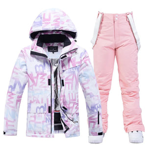 Letter Women Ski Suit Winter Windproof Waterproof Snowboard Jacket Pants Snow Walking Clothes Female Snowsuit MartLion   