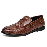 Crocodile Pattern Men's Loafers Split Leather Footwear For Slip On Dress Shoes Elegant Social Mart Lion Brown 38 