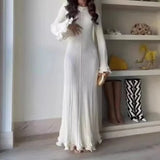 Ladies Elegant Flared Sleeve Knitted Dress Women Crew Neck White Slim Robes Summer Female Party Dresses MartLion   