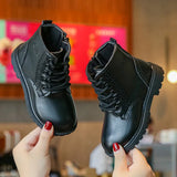 Kids Casual Boots PU Leather Black Zipper for Boys Girls Cross-tied Children Ankle High Boots Anti-skid Round Toes Soft MartLion