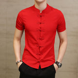 Summer Men's Shirts Chinese Style Tops Solid Standing Collar Thin Fit Short Sleeve Shirt Clothing Designer Clothes Mart Lion Red S 