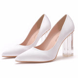 White Women Block Transparent 9 cm High Heels Lady Satin Clear Pumps Wedding Dress Silk Shoes MartLion   