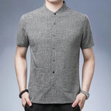 Men's Short-sleeved Seasonal Shirt with Stand Collar Linen Casual Daily Large Pocket Stand Collar Half Sleeve Shirt MartLion Dark gray 55-65KG40 