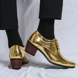 Luxury Gold Men's High Heel Leather Shoes Moccasins Designer Pointed Dress Wedding Formal MartLion   