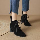 Winter Sheep Suede Women Shoes Square Toe Retro Lace Up Short Boots Chunky Heel High Heel MartLion   