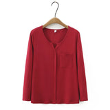 Basic Cotton Both Sides Split T-Shirt Women's Autumn Winter Casual Clothing Long Sleeve Tees Single Pocket V-Neck Tops MartLion wine red XXXL 