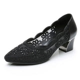 Hollow Out Genuine Leather Pumps Women Shoes Med Heels Square Diamond Mesh Ladies Office  Crystal MartLion Black 40 