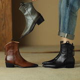 Women Boots Genuine Leather Western Shoes Pointed Toe Chunky Heel Chelsea Retro MartLion   