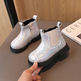 Autumn Spring Children Short Boots Girls Crystal Chelsea Boots Little Princess Bling Bling Baby Shoes Kids Leather MartLion Silver 23 insole 14.5cm 