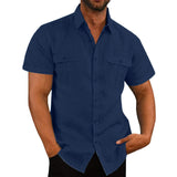 Summer Men's Short Sleeve Shirt Linen Solid Color T shirt  Cardigan Often Double Pocket Design Casual Loose Mart Lion NAVY M China