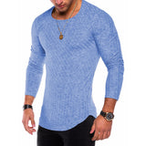 Men's Long-Sleeved Pit Strip  Stitching Arc Hem Bottoming Shirt Round Neck T-Shirt Hot Style Mart Lion Blue S 