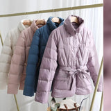 Neck Belted Duck Down Puffer Jackets Women Casual Winter Warm Short Coat Female Outwear Clothes MartLion   