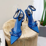 Liyke Summer Crystal Buckle Designer High Heels Sandals Women Pointed Open Toe Ankle Strap Wedding Dance Shoes Lady Mart Lion Blue 35 