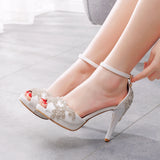 Women Wedding Shoes Bride Sandals White Rhinestones Silver Platform Dress Thin High Heels Ladies Pumps MartLion   