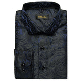 Luxury Blue Black Paisley Silk Shirts Men's Long Sleeve Wedding Party Prom Tuxedo Dress Casual Designer Clothing MartLion   