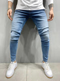 Street Style Ripped Skinny Jeans Men Vintage wash Solid Denim Trouser MartLion H011A Light blue XXL 