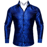 Barry Wang Exquisite Blue Silk Paisley Men's Shirt Four Seasons Lapel Long Sleeve Embroidered Leisure Fit Party Wedding MartLion   