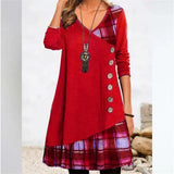 Women Single-breasted Decoration Dresses Elegant  Plaid Dress MartLion Red XXXL 