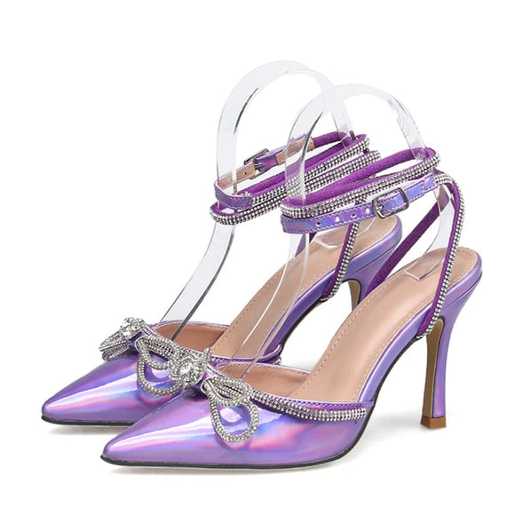Liyke Rhinestone Ankle Strap High Heels Wedding Prom Shoes Crystal Bowknot Leather Summer Women Pumps Sandals MartLion Purple 35 