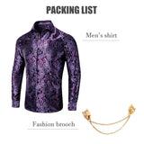 Dark Purple Men's Shirt Silk Long Sleeve Lapel Slim Fit Paisley Jacquard Shirt With Brooch Party Gift Hi-Tie MartLion   