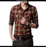 Vintage Military Men Cotton Shirt Long Sleeve Lapel Plaid Button Pocket Male Safari Style Casual MartLion   