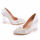 9cm Crystal Transparent Square Heel Beaded Pointed Single Shoes Women's Thick High Heels MartLion   