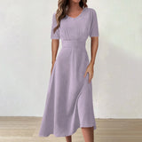Women Dress Casual Print Mid-Calf Dresses V-Neck Short Sleeves Frocks Robes MartLion Light Purple M United States