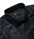 Luxury Blue Black Paisley Silk Shirts Men's Long Sleeve Wedding Party Prom Tuxedo Dress Casual Designer Clothing MartLion   