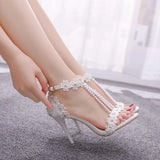 Crystal Queen Women Sandals Flowers Pearl Stilettos Bridal 9cm Evening Party High Heels Bridal Pumps Wedding Shoes MartLion white 40 