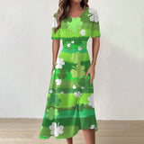 Women's Clothing Unique St Patrick's Day Print Mid-Calf Dresses Round Neck Short Sleeves Frocks MartLion Fluorescent Green S CHINA