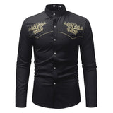 Men's Cowboy Western Embroidered Shirts Long Sleeve Stand Collar Shirts Casual Daily Elastic Work Chemise MartLion black US S 