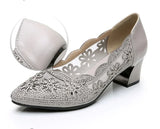 Hollow Out Genuine Leather Pumps Women Shoes Med Heels Square Diamond Mesh Ladies Office  Crystal MartLion   