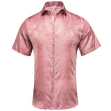 Hi-Tie Short Sleeve Silk Men's Shirts Breathable Shirt Office Sky Blue Rose Pink Teal MartLion   