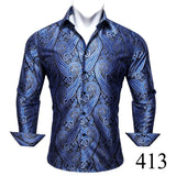 Barry Wang Exquisite Blue Silk Paisley Men's Shirt Four Seasons Lapel Long Sleeve Embroidered Leisure Fit Party Wedding MartLion   