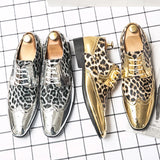 Luxury Brand Loafers Men's Lace-up Leopard Print Casual Shoes Party Leather Gold Silver Pointed Toe Designer MartLion   