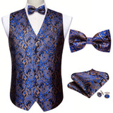 4PC Men's Silk Vest Party Wedding Purple Paisley Solid Floral Waistcoat Vest Pocket Square Tie Slim Suit Set Barry Wang Mart Lion MJ-2503 L 