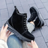 Women Plush Lined Ankle Boots Solid Color Thermal Lace Up Snow Boots Winter Warm Outdoor Short MartLion   