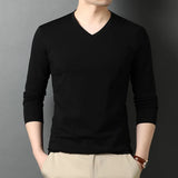 Cotton T-Shirt Men's Plain Solid Color V Neck Long Sleeve Tops Casual Clothing MartLion black XXL 