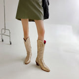 Women Boots Low Heel Shoes Cool British Embroidered Design Soft Short Party Knee High Pink Cowboy Mart Lion   