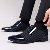Trending Classic Men's Dress Shoes Oxfords Patent Leather Lace Up Formal Black Leather Wedding Party Mart Lion Blue 39 China
