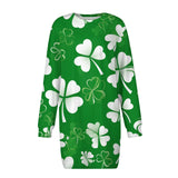 Unique Above Knee Spring Dress Women O-Neck Long Sleeves St Patrick's Day Printed Frocks Branco MartLion   