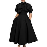 Party Dresses Woman Bow Collar Short Sleeve  Waisted Pleated Ankle Length Birthday Party Robe MartLion   