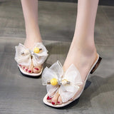 Ladies Slippers Bow Knot Summer String Bead Transparent Slippers Women Shoes Mules Mid Heels Slides Mart Lion   