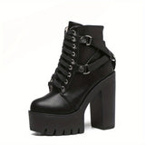 Women Goth Platform Chunky High Heeled Boots Lace Up Side Zipper Non Slip Ankle Boots Punk Motorcycle Short MartLion   